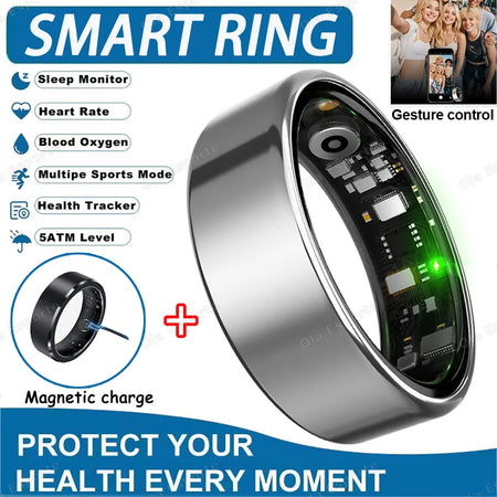 2025 Smart Ring: Heart Rate, Blood Pressure, Sleep Monitoring &amp; Motion Tracking Silver Cable / 12