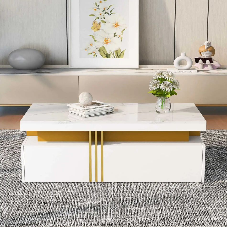 Tavolino da caffè moderno con superficie lucida e due cassetti