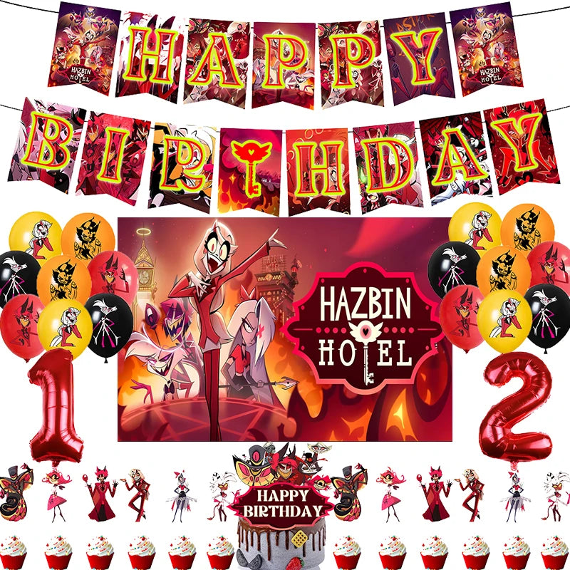 Hazbined Birthday Party Decoration Set with Balloons, Banner, and Cake Topper