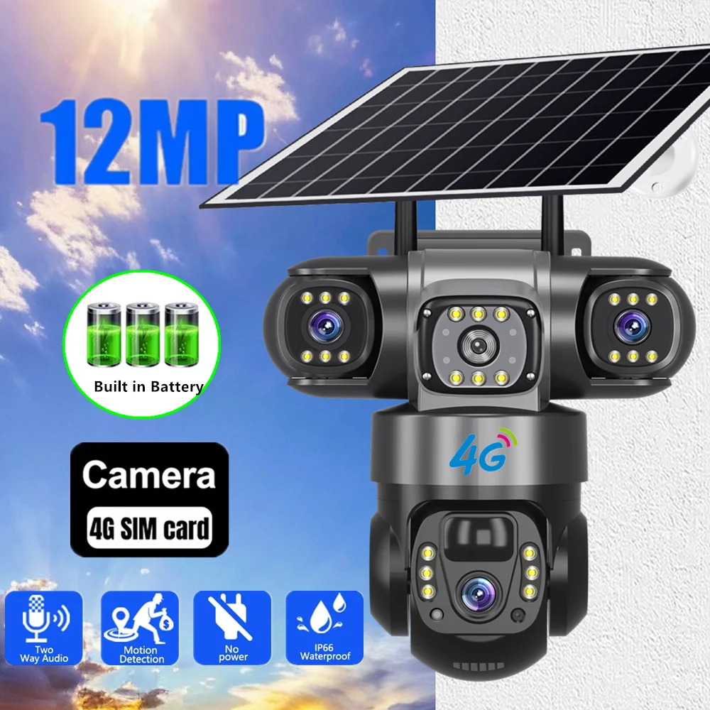 V380 Pro Solar Camera 4G SIM Outdoor Three Lens Three Screens PIR Human Detect CCTV Security Battery PTZ IP Camara Farm orchard