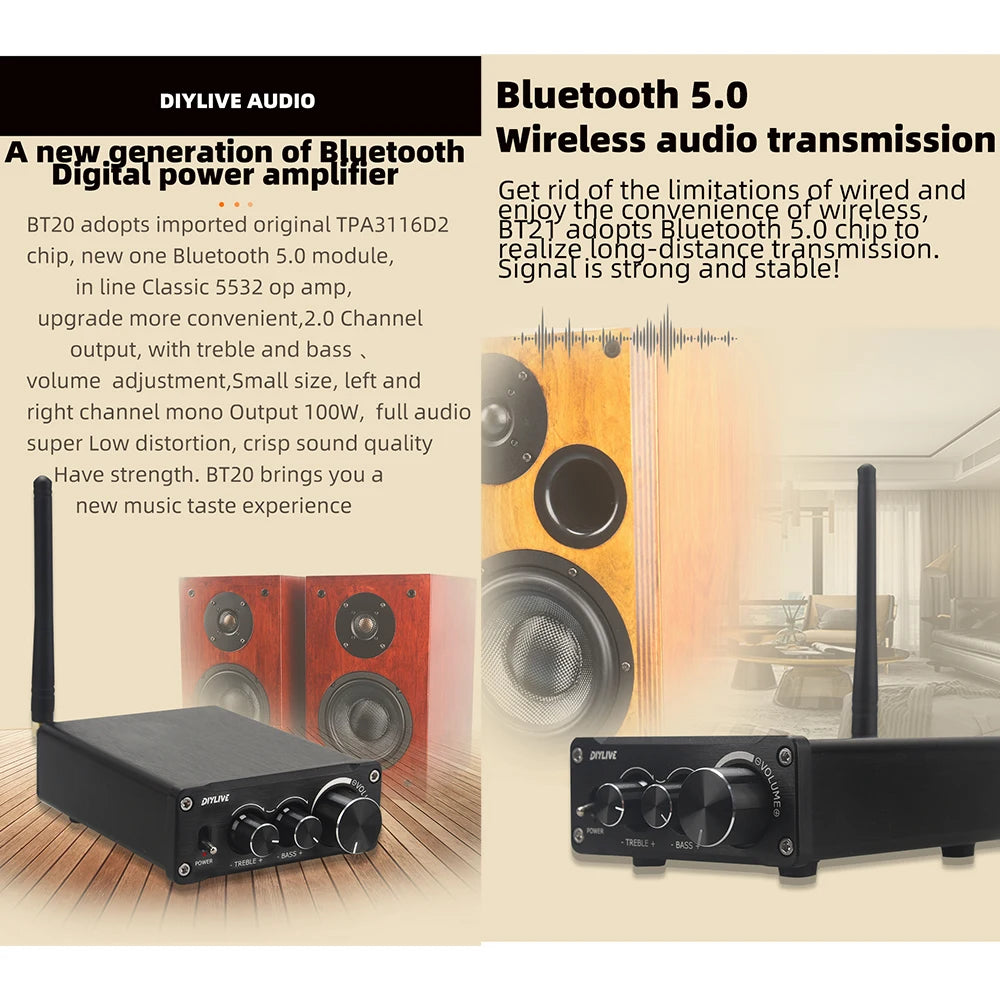 HiFi 2.0 Digital Audio Amplifier TPA3116D2 100W x 2 with Bluetooth 5.0