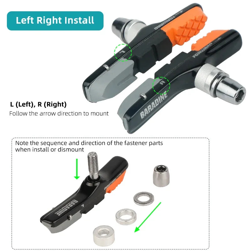 Baradine MTB Bicycle V-Brake Pads &ndash; Detachable Inserts With Three Color Modules