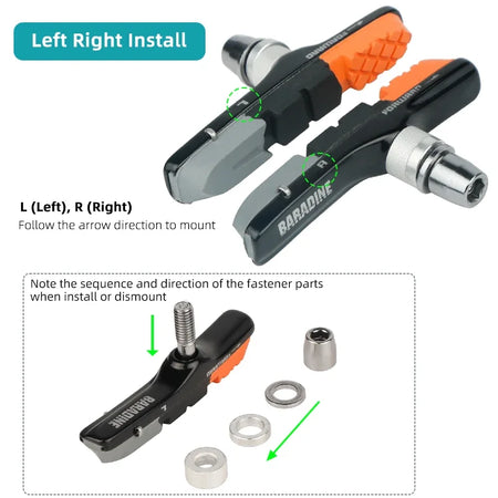 Baradine MTB Bicycle V-Brake Pads &ndash; Detachable Inserts With Three Color Modules