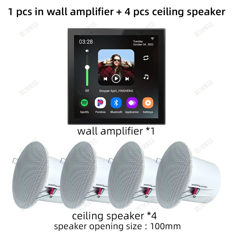 SUMWEE 4-Inch Android 11 Wall Amplifier with Bluetooth and Ceiling Speakers System Black amp-4 spks