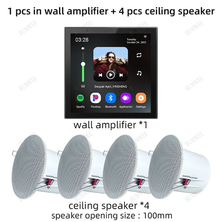 SUMWEE 4-Inch Android 11 Wall Amplifier with Bluetooth and Ceiling Speakers System Black amp-4 spks