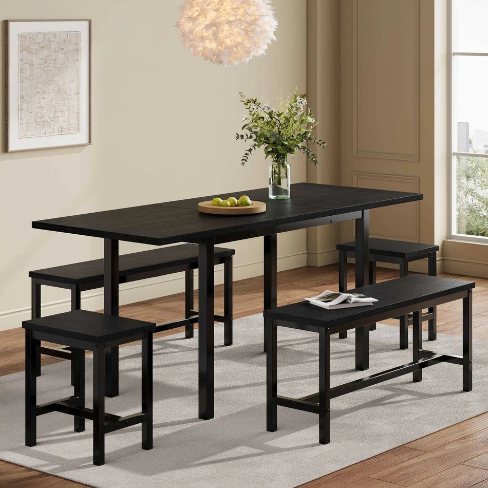 Extendable Foldable Dining Table Set Black With Four Chairs