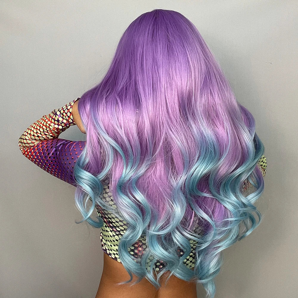 Blonde Unicorn Ombre Purple to Blue Long Wavy Wig for Women