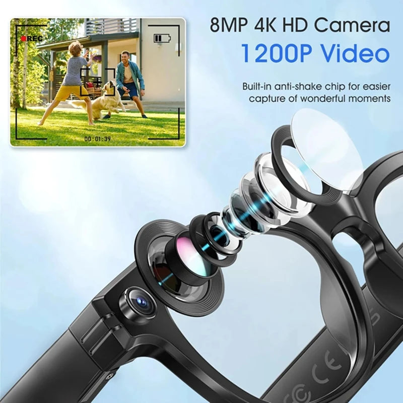 Óculos Inteligentes AI 8K HD com Câmera, Música Bluetooth e Chamada