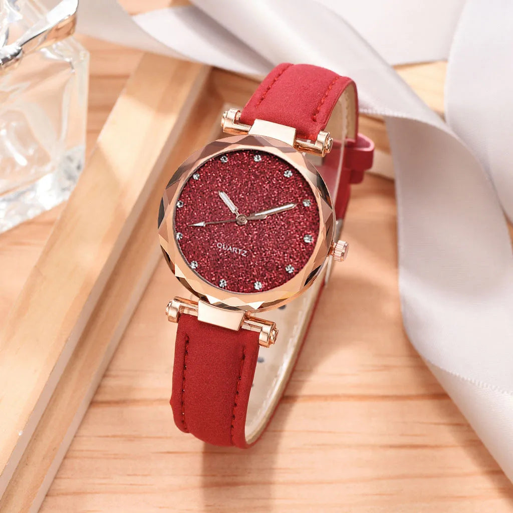 Romantic Starry Sky Leather Bracelet Watch for Women Red