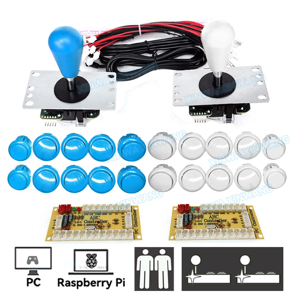 Arcade Joystick DIY Kit for PC and Raspberry Pi 2 player  blue white