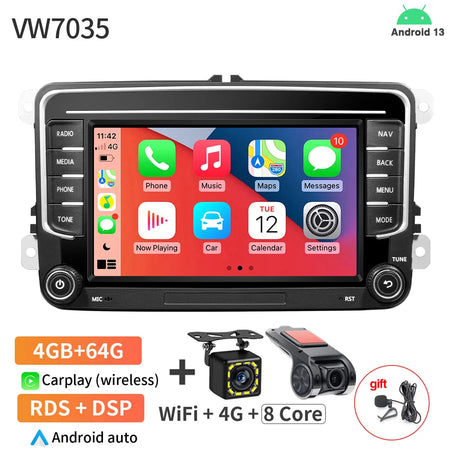 AKAMATE Car Radio CarPlay Android Auto &ndash; 7 Inch 4GB 64GB VW7035 DVR 12LED MIC