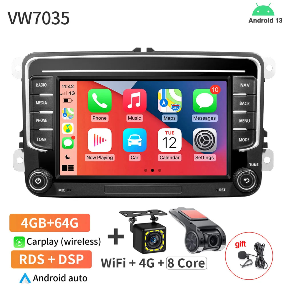 7Inch Car Radio CarPlay Android Auto &ndash; 4Core 4+64GB VW7035 DVR 12LED MIC