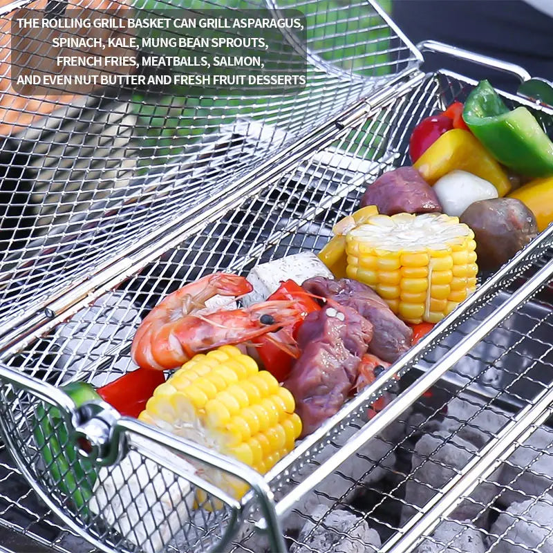 Stainless Steel Rolling BBQ Grill Basket &ndash; Versatile Rotisserie Tool