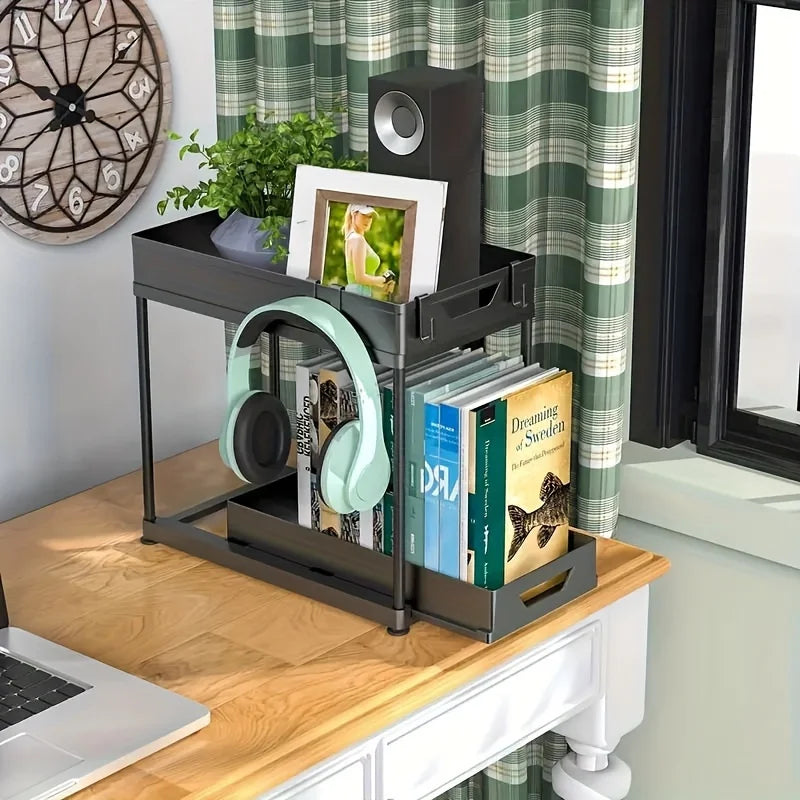 2-balení nastavitelného organizéru pod dřez s posuvnými zásuvkami, šetřící místo