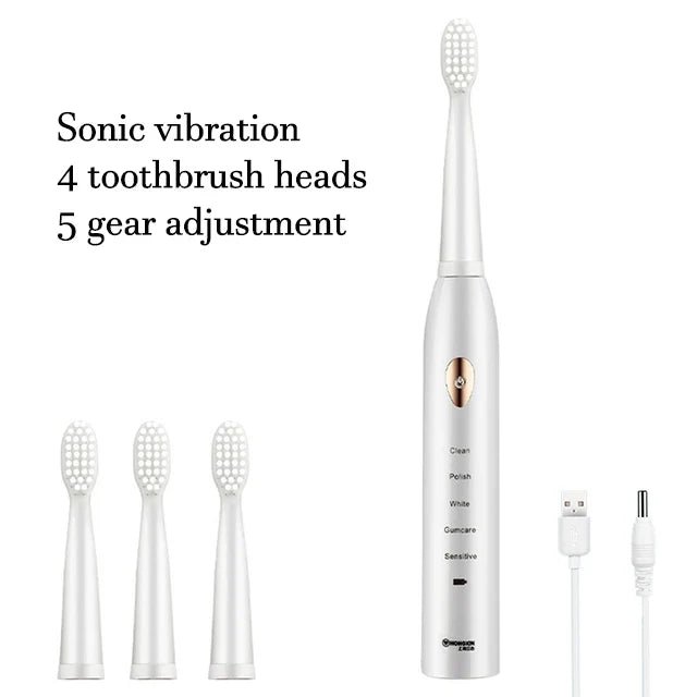 Clean Adult Black White Classic Acoustic Electric Toothbrush &ndash; Customizable 5-Gear Mode White with 4 Brush