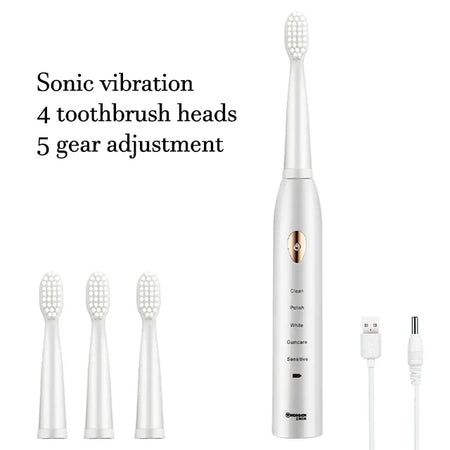 Clean Adult Black White Classic Acoustic Electric Toothbrush &ndash; Customizable 5-Gear Mode White with 4 Brush