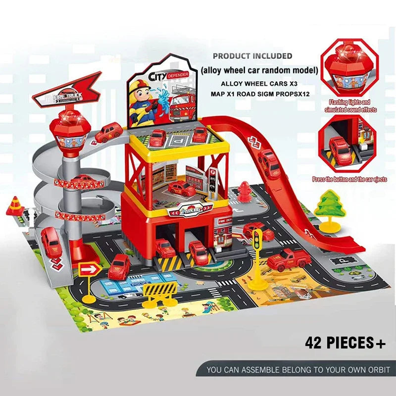 Garage Racing Track Sliding Car Parking Lot Toy &ndash; Kids Gift Fire 42pieces