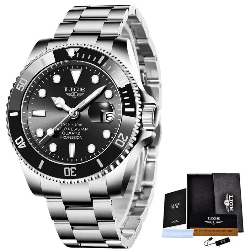 LIGE Luxury Fashion Diver Watch Men &ndash; 30ATM Waterproof Date silver black