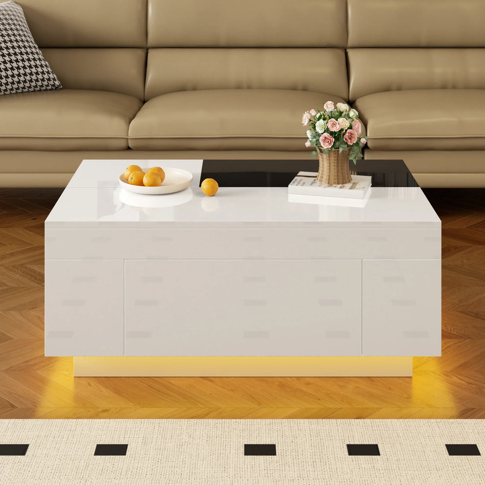 Mesa de café LED de alto brillo con tapa extensible en blanco y negro