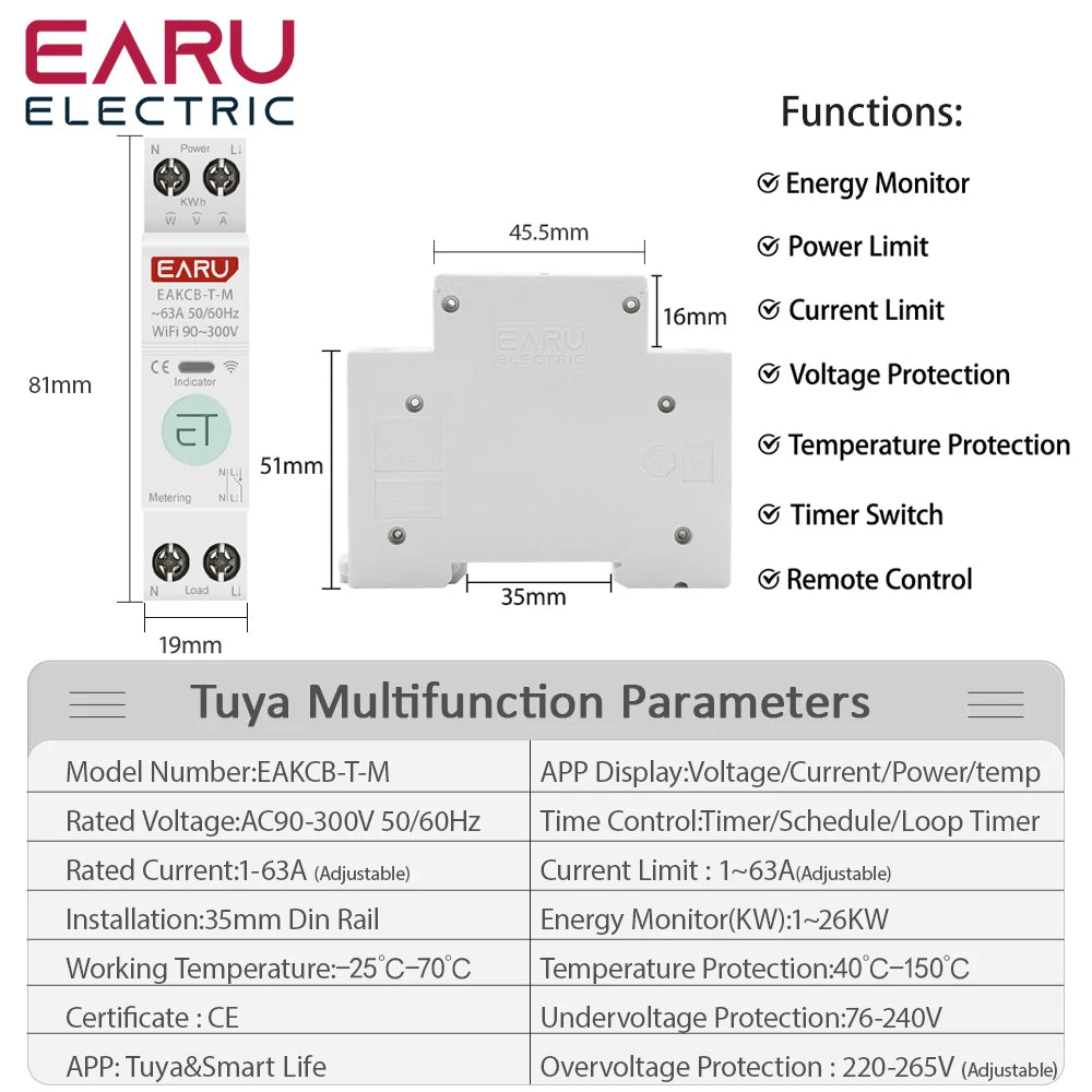 Tuya eWeLink WiFi Smart Circuit Breaker MCB 1P 63A with Voice Control &amp; Energy Monitoring
