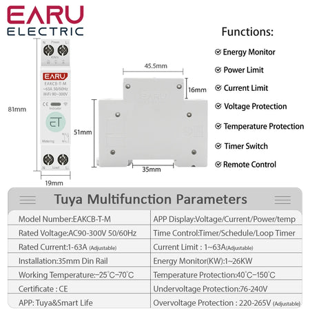 Tuya eWeLink WiFi Smart Circuit Breaker MCB 1P 63A with Voice Control &amp; Energy Monitoring