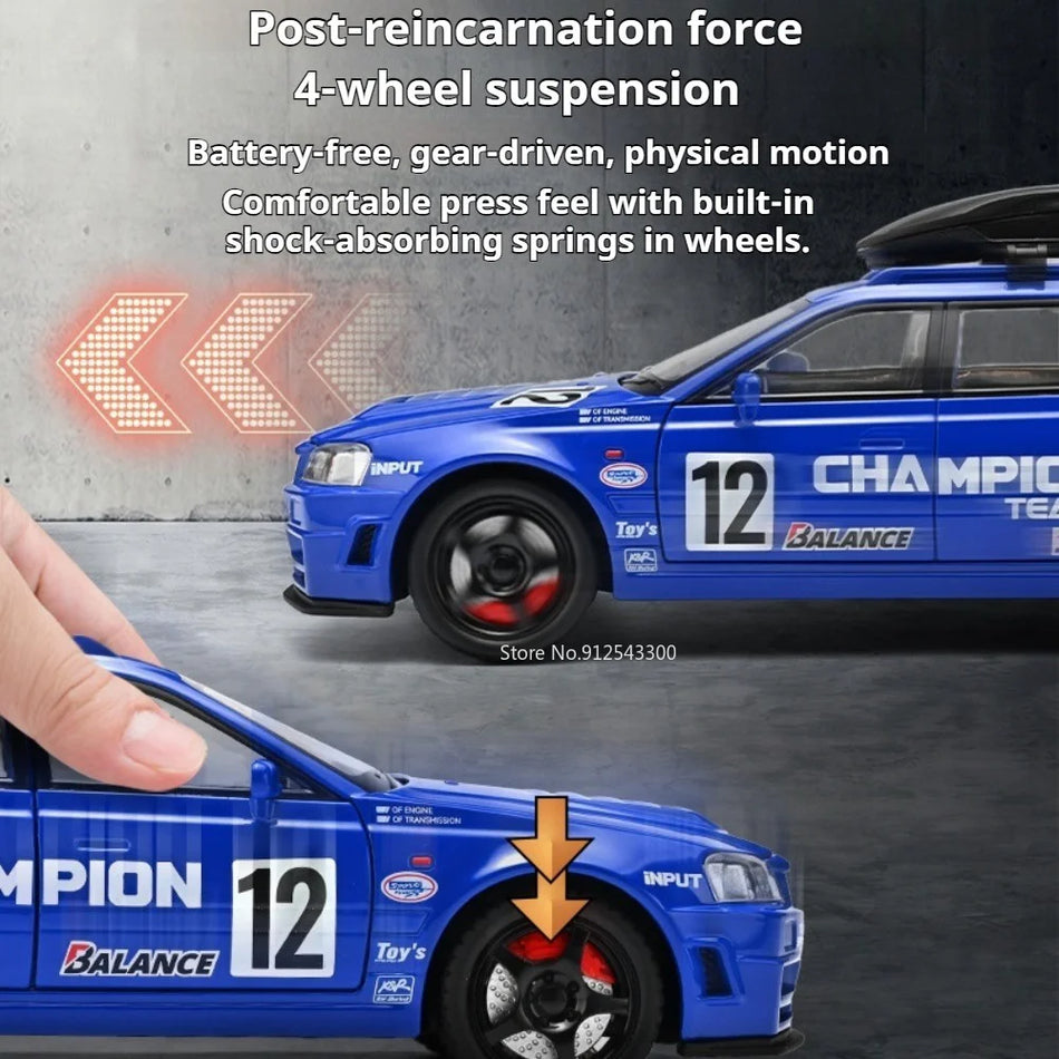 1:22 Model avtomobila GTR-R34 iz diecast zlitine z odpirajočimi vrati, povleci nazaj