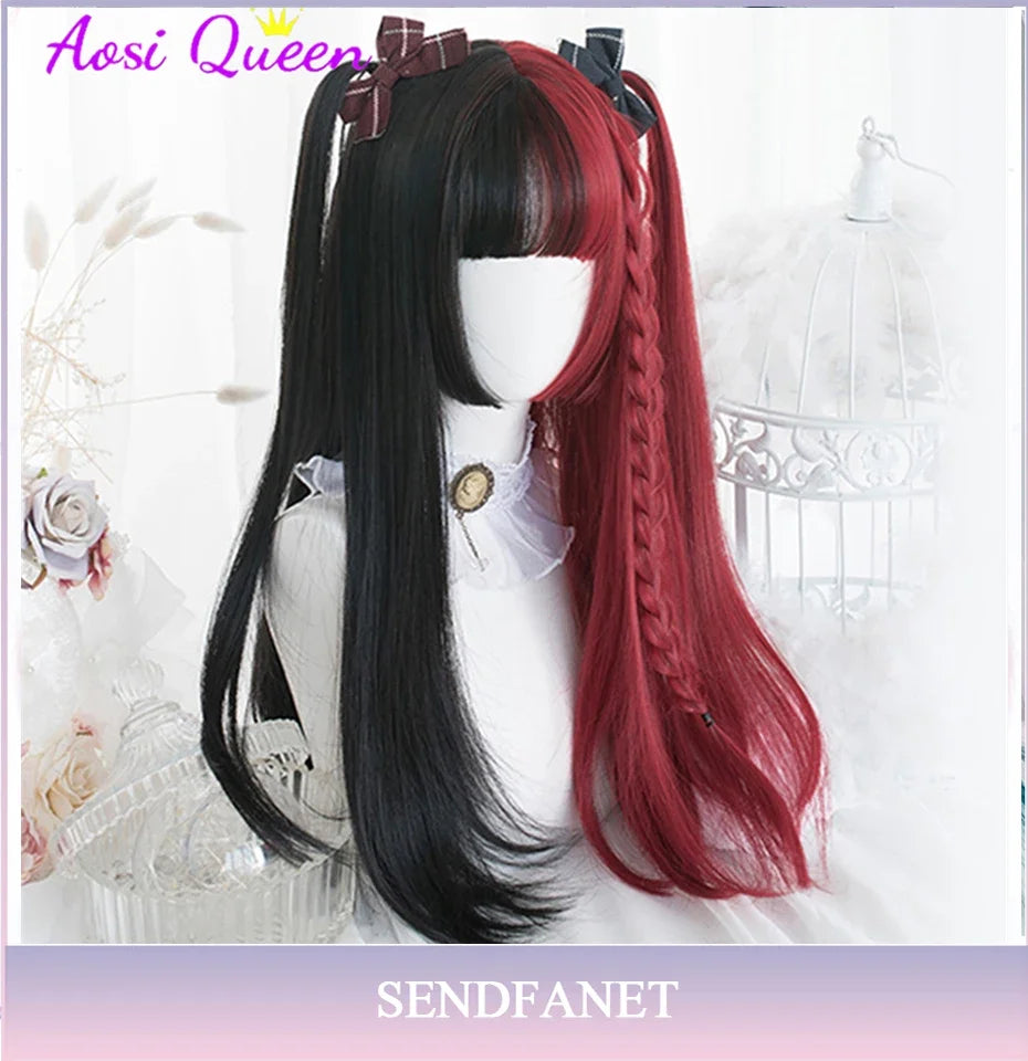 Long Straight Black Synthetic Wig with Bangs for Cosplay and Everyday Wear Blue / CHINA