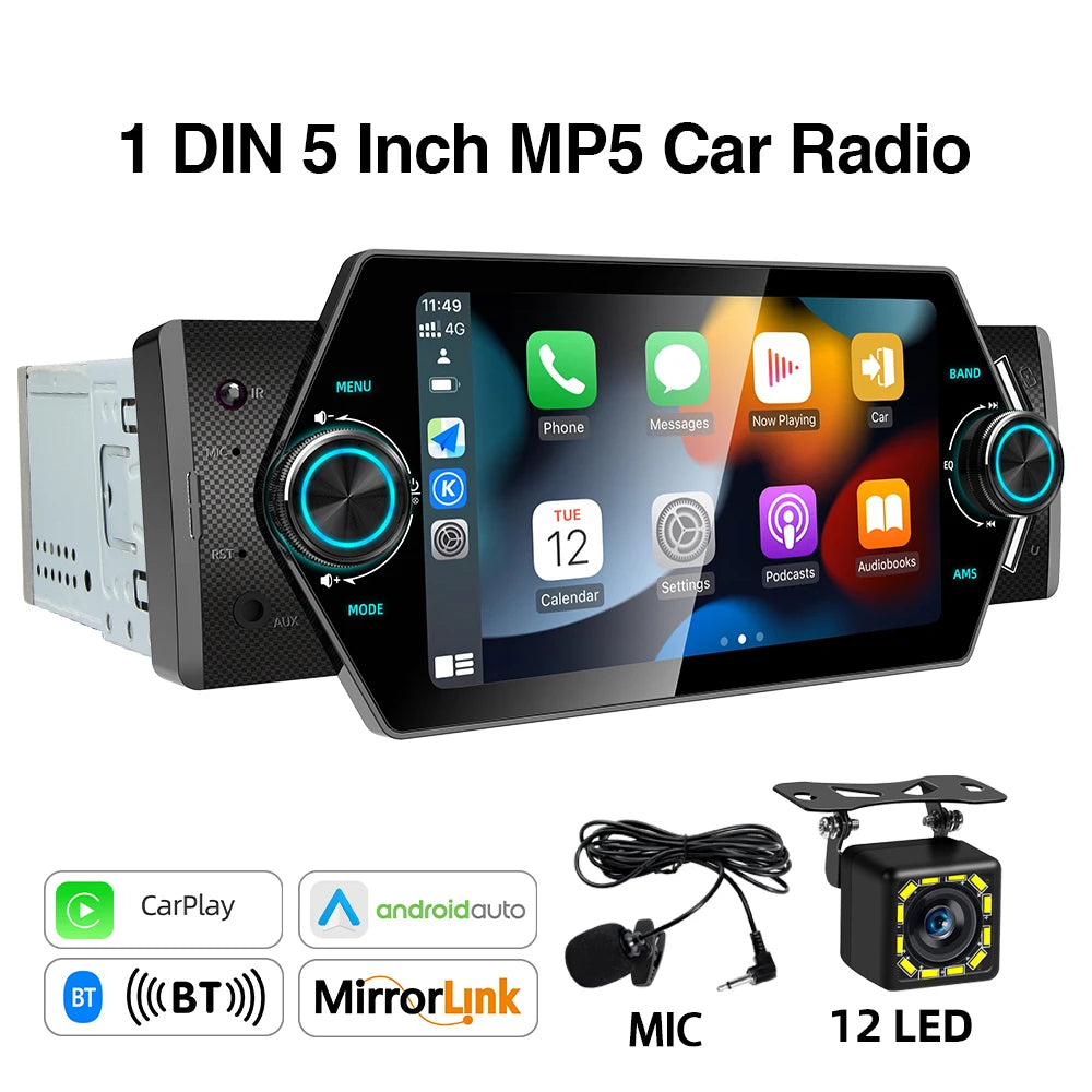 1 Din 5 Inch MP5 Car Radio - Wired CarPlay Android Auto With MIC 12LED