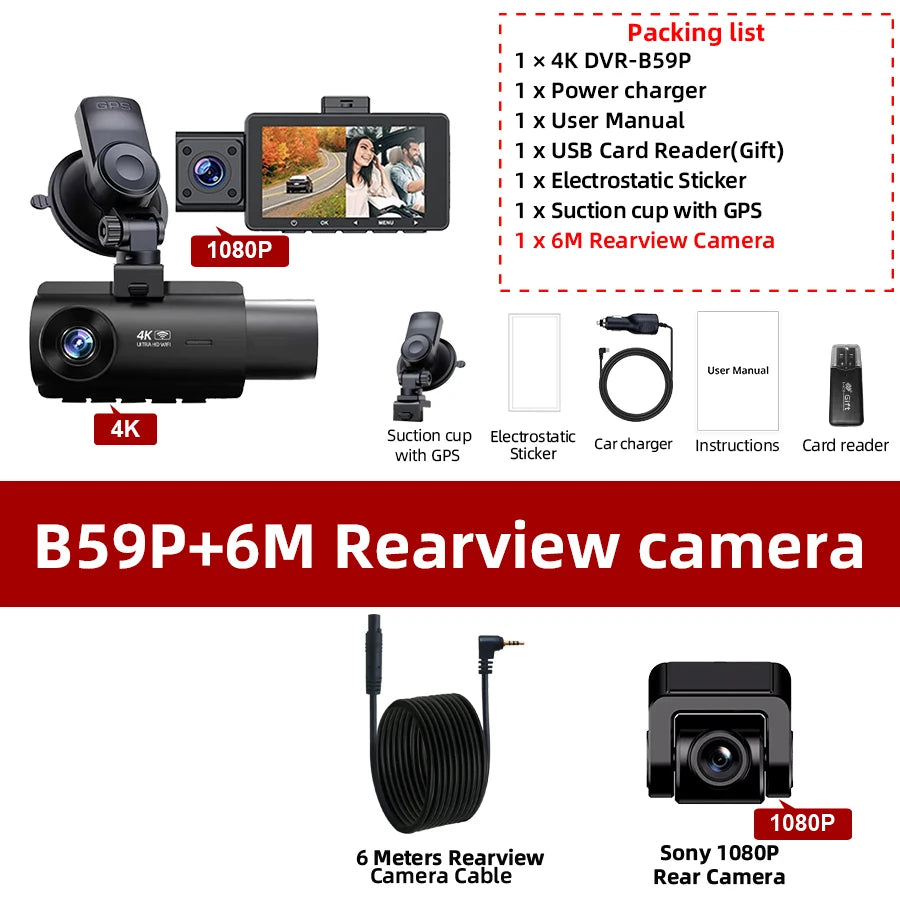 ACCEO 4K Dashcam Auto 3 Channel Car DVR &ndash; WiFi GPS Parking B59P 6M-RCC / 128G