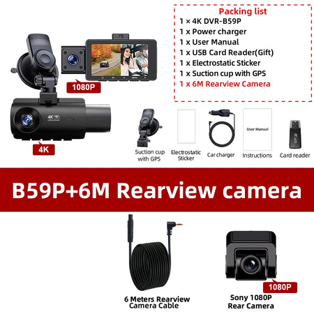 ACCEO 4K Dashcam Auto 3 Channel Car DVR &ndash; WiFi GPS Parking B59P 6M-RCC / 128G