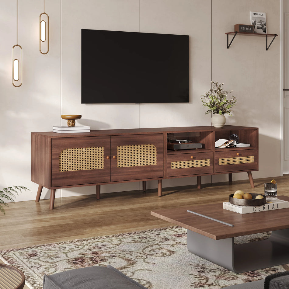 Mueble de TV Moderno Marrón 200x37x49.5cm Con Puertas de Ratán