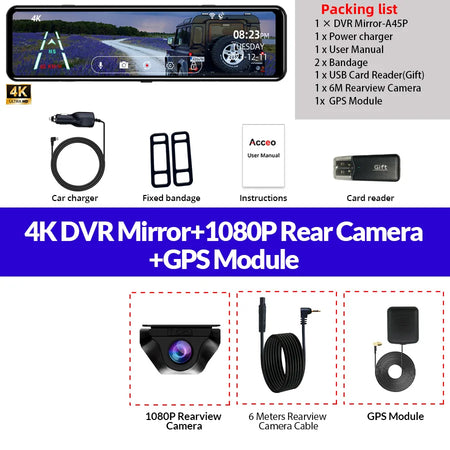Acceo A45P 4K Dashcam - 12 Inch Mirror DVR With GPS A45P-6M RC-GPS / None