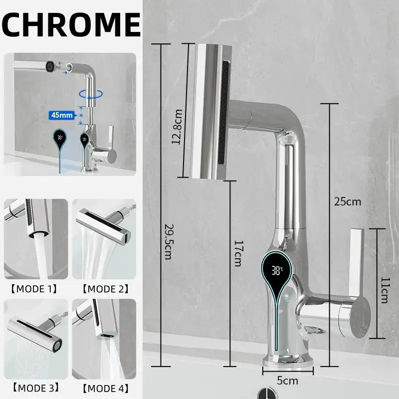 Waterfall Temperature Digital Display Basin Faucet Lift Up Down Stream Sprayer Hot Cold Water Sink Mixer Wash Tap For Bathroom Chrome / Poland / include 60cm hose