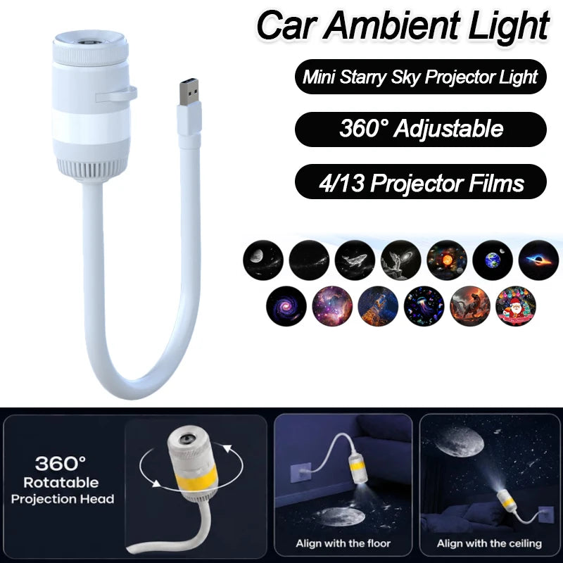 Proiector USB cu stele și galaxii, cu luminozitate reglabilă, lumină de noapte pentru mașină