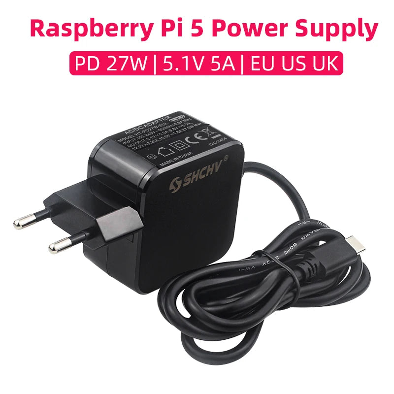 Raspberry Pi 5 Power Supply &ndash; 27W USB Type-C Adapter with Global Plug Compatibility