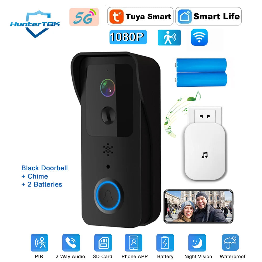 5G 2.4G WiFi Video Doorbell Black Option 2 / EU Plug