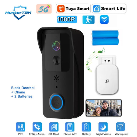 5G 2.4G WiFi Video Doorbell Black Option 2 / EU Plug