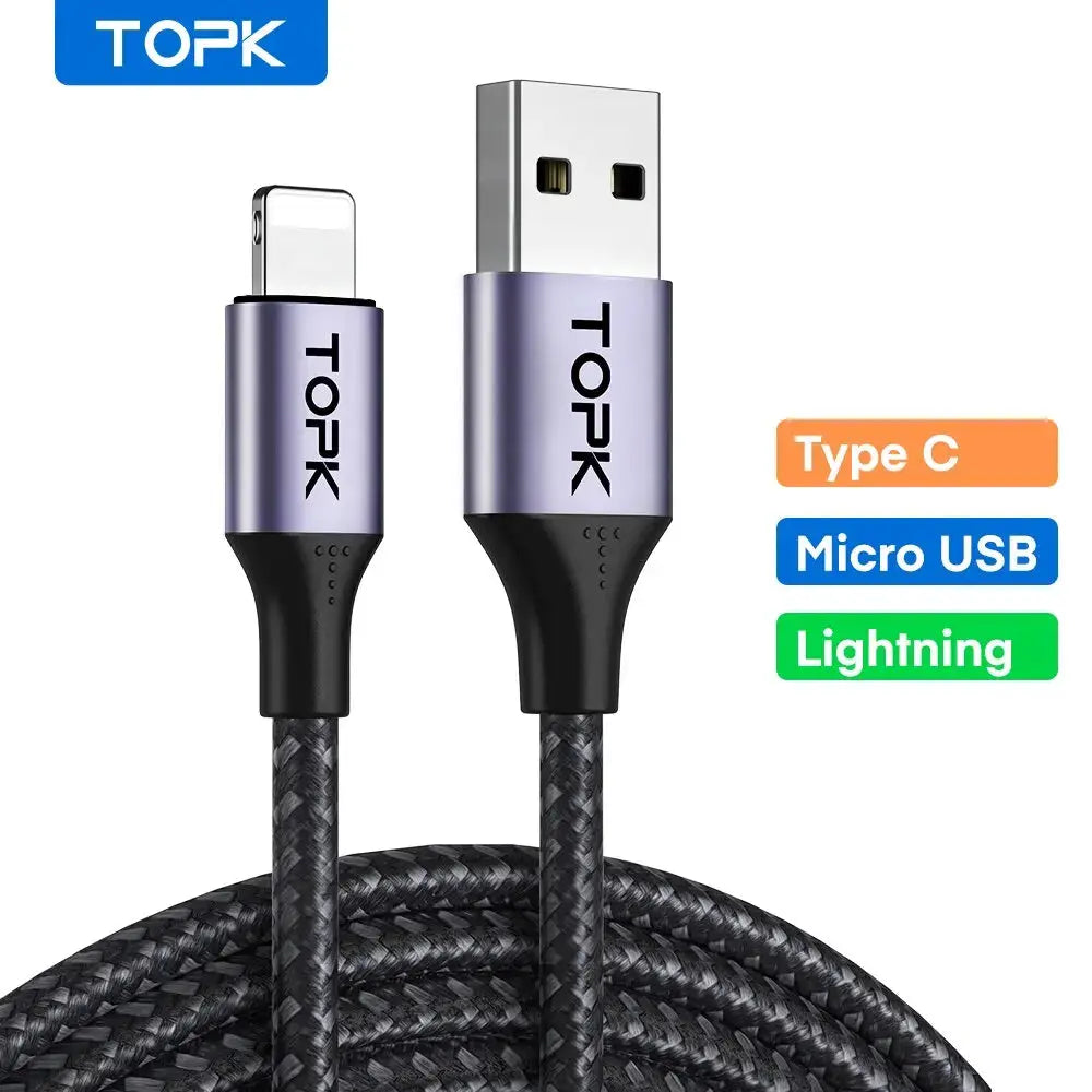 TOPK 3A Micro USB Type C Phone Charger Charging Cable Quick Charge Mobile Phone Cables Wire for Xiaomi Redmi Note 10 9 by InterCyprus Trading Ltd