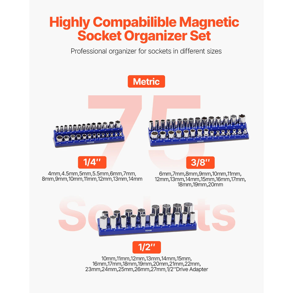 Organizer Magnetico per Chiavi a Bussola Metriche 3 Pezzi 1/4 3/8 1/2