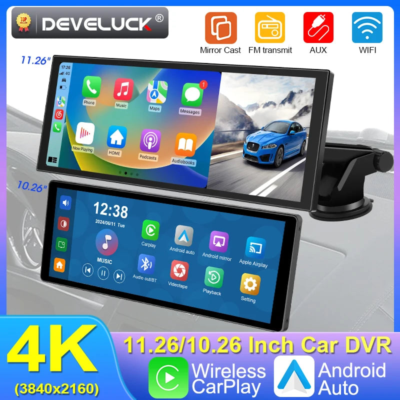 Develuck 11.26-calowa kamera samochodowa 4K z bezprzewodowym CarPlay i Android Auto, podwójny obiektyw, obracana o 360 stopni kamera do ciężarówek