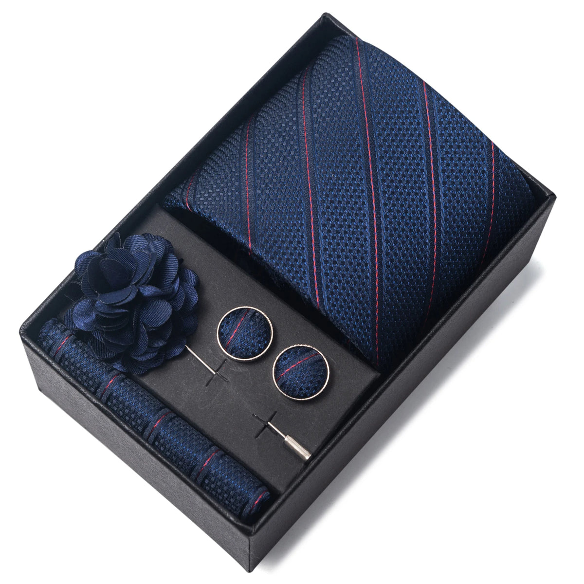 VanGise Red Print Silk Tie Set with Handkerchief and Cufflinks in Gift Box FB267