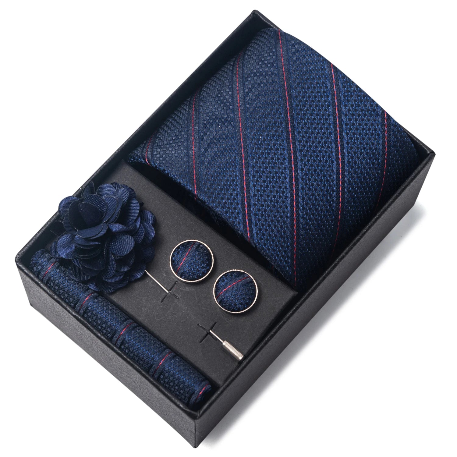 VanGise Red Print Silk Tie Set with Handkerchief and Cufflinks in Gift Box FB267