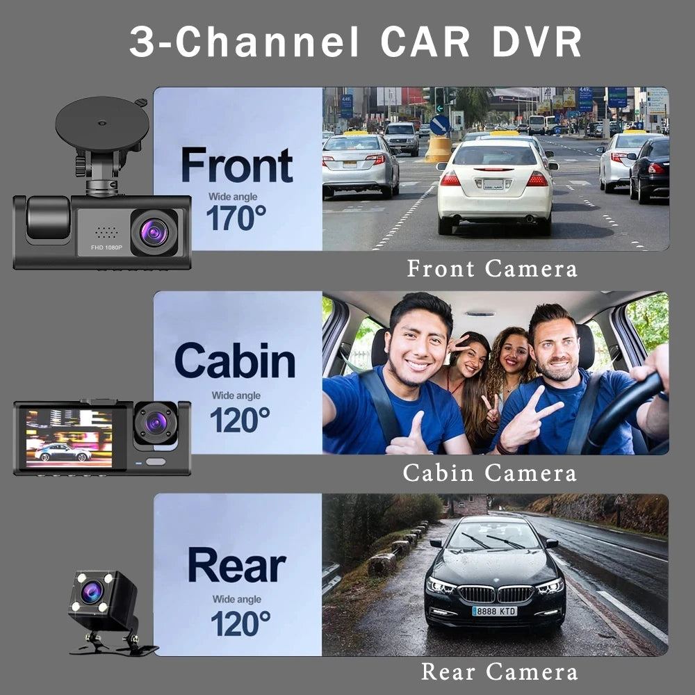 3 Channel Dash Cam Video Recorder &ndash; Triple Lens 24H Parking Monitor
