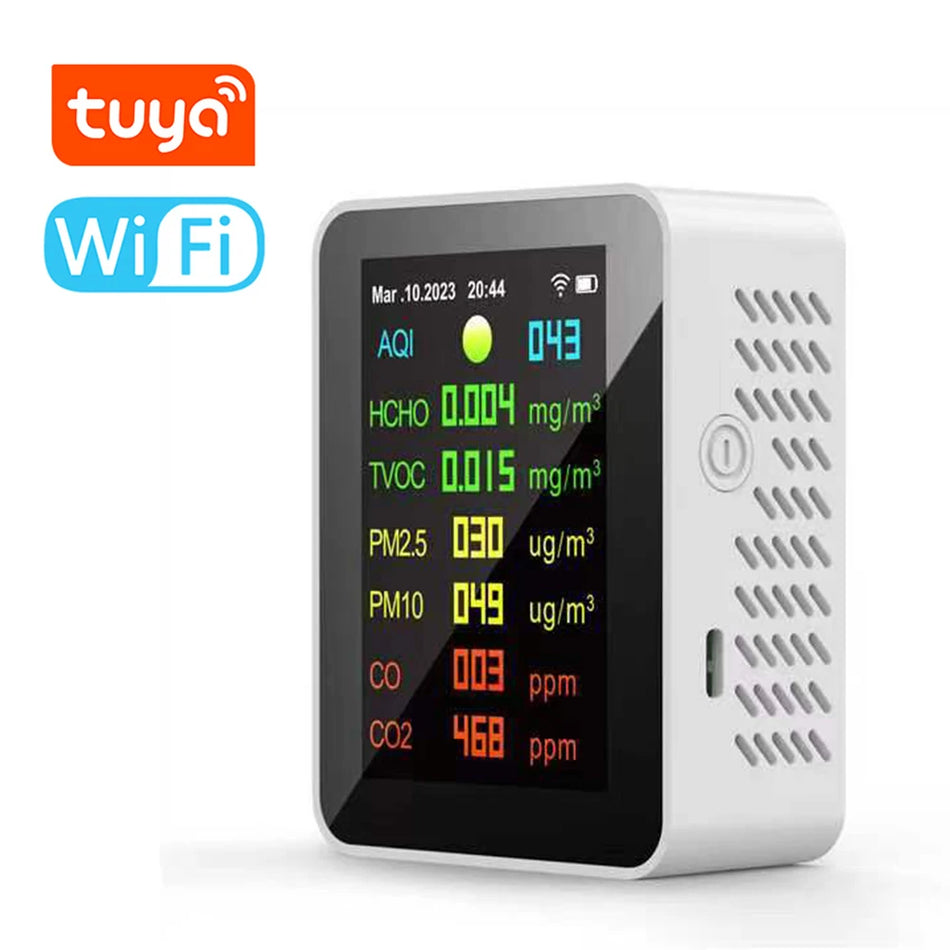 Tuya WIFI 7i1 Luftkvalitetstest HCHO CO CO2 PM2.5 PM10 TVOC AQI Testtid Dato Display Luftanalysator Kuldioxid Detektor