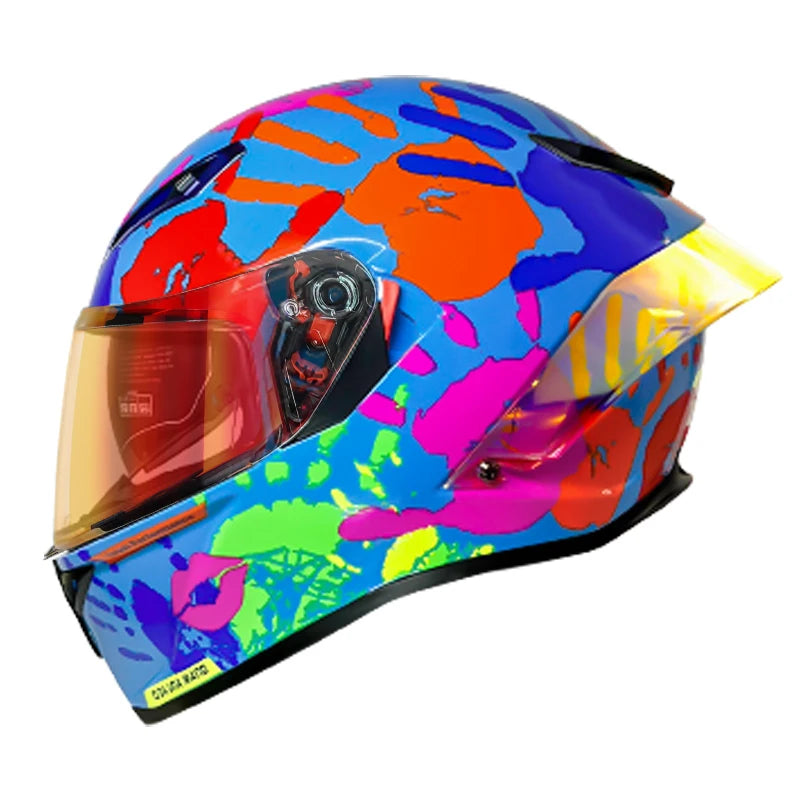 LVCOOL Vintage Dual Visor Full Face Motorcycle Helmet - DOT Certified Safety Gear Palm-print / XXL