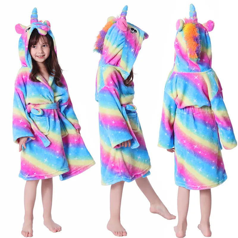 Unicorn Kids Hooded Bathrobe - Flannel Fleece Sleepwear for Girls