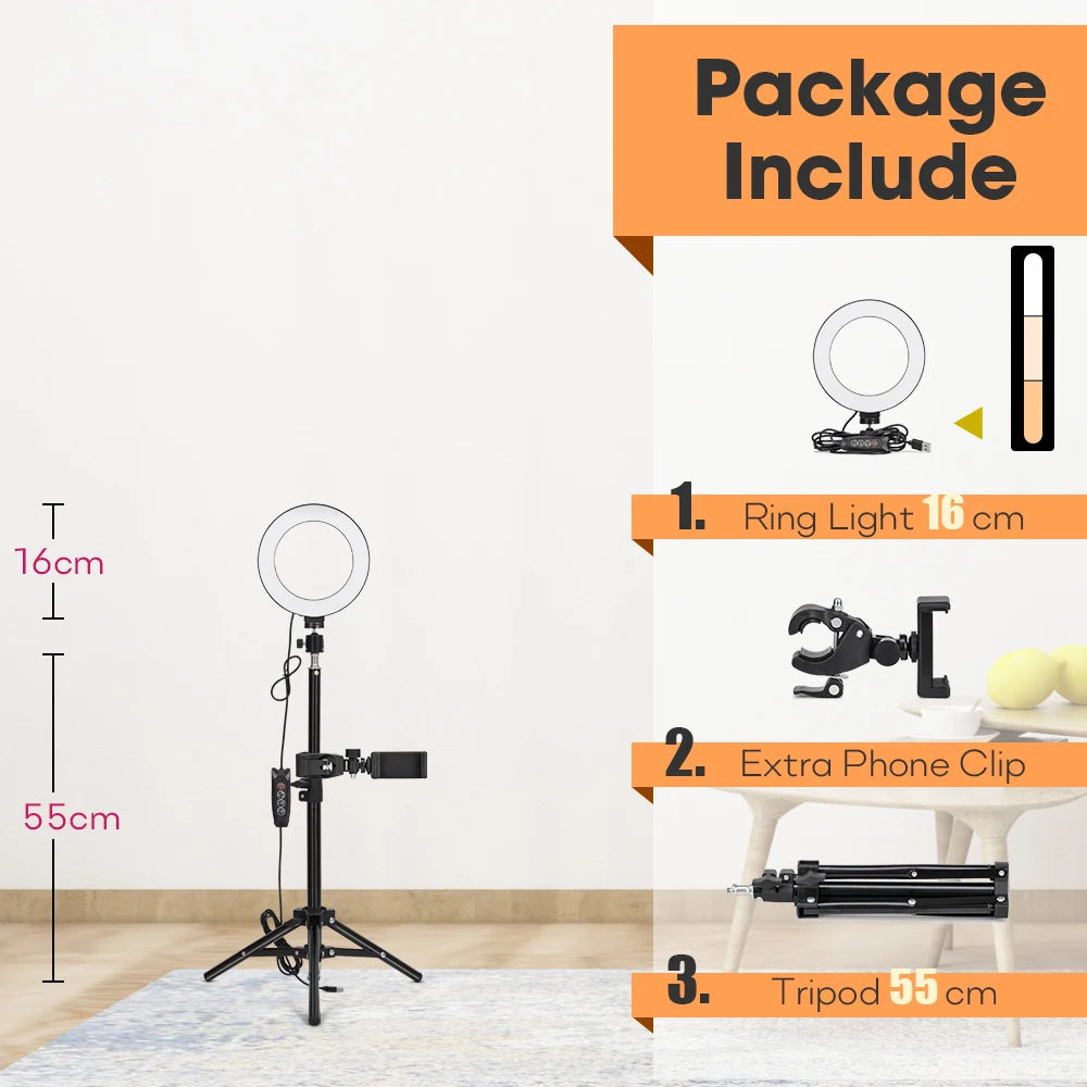 Professional Tripod with LED Ring Light for Phone and Camera 16cmLamp 55cm Stand