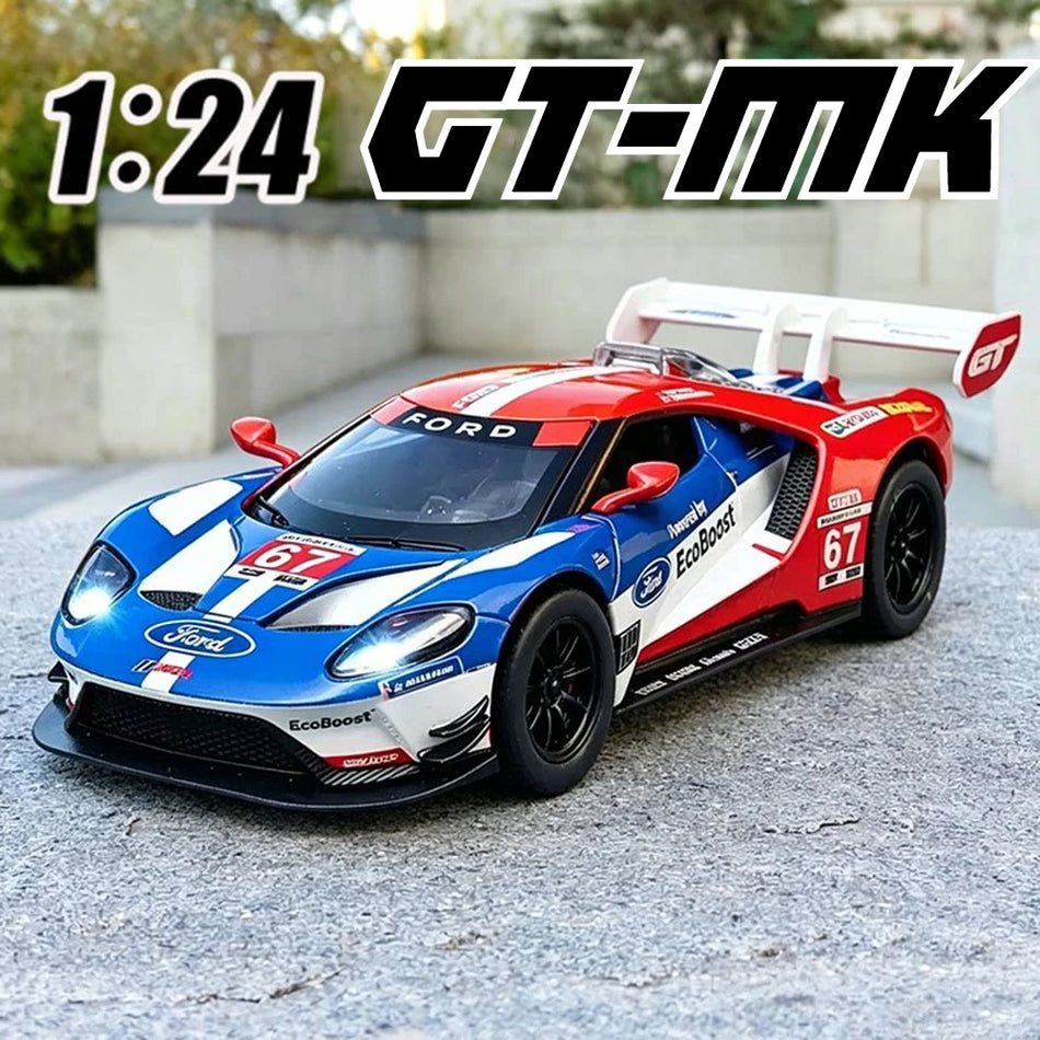 Model avtomobila v merilu 1:24 iz diecast materiala s odprtimi vrati in povlečno dekoracijo.