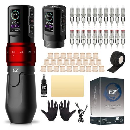EZ P3 Pro Wireless Tattoo Machine Kit - Adjustable Stroke Matte RedX2Power