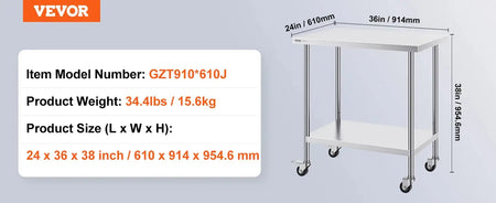 Stainless Steel Work Table Four Wheels 500 Lbs Load 24x36inch / UNITED KINGDOM